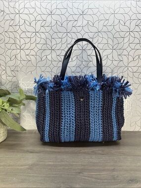 5753 kate spade Blue Raffia Fringe Tote